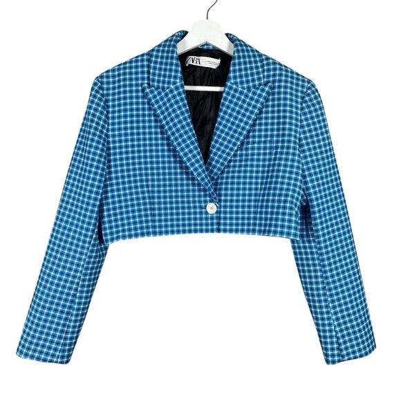 Zara Cropped Blazer M Blue Check Plaid Preppy Rich Old Money Academia Blogger - Picture 3 of 16